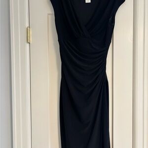 Kate Hill Black Faux-Wrap Midi Dress with Side Ruching